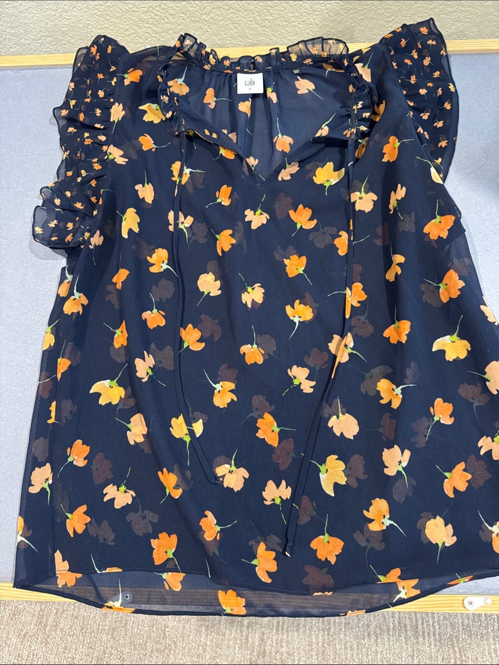 Fall CAbi Navy Floral Tie-Neck Ruffle Sleeve Blouse